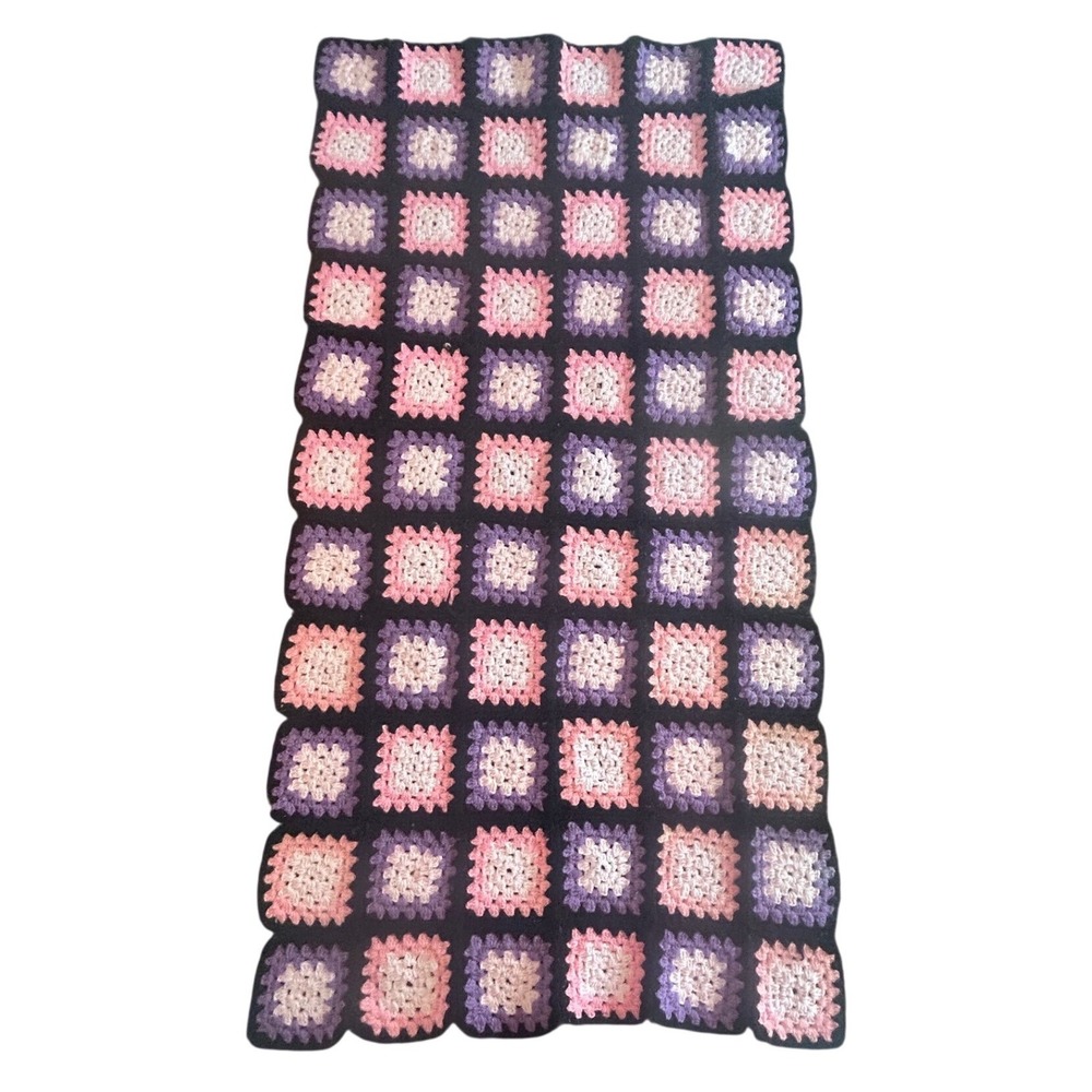 Granny Square Crochet Blanket Pink Purple Black 70s Retro Handmade Cottagecore